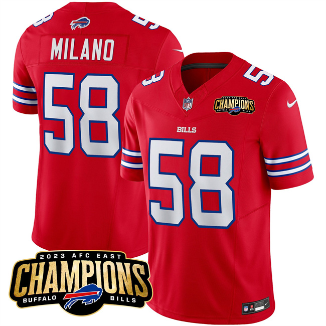 Men's Buffalo Bills #58 Matt Milano Red 2023 F.U.S.E. AFC East Champions Ptach Football Stitched Jersey